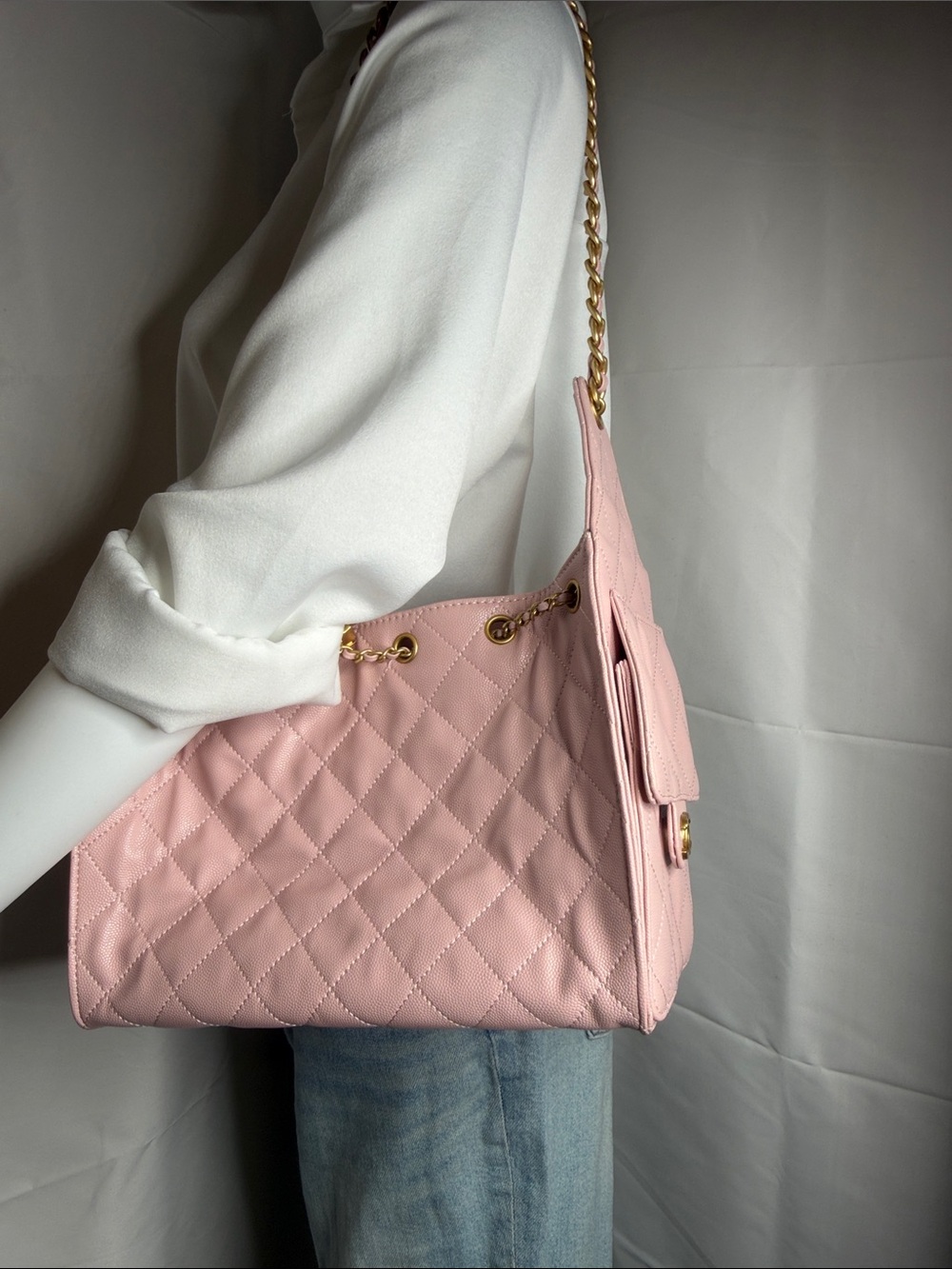 Quilted Pink Shoulder Bag with Gold Chain Strap